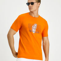 Medium Orange Crew Neck Slim Fit Printed Cotton T-Shirt