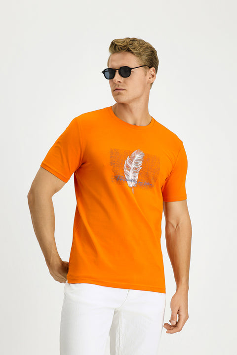 Medium Orange Crew Neck Slim Fit Printed Cotton T-Shirt