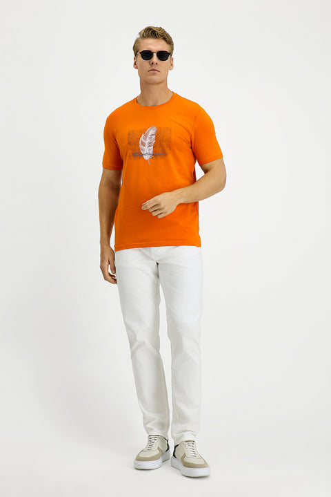 Medium Orange Crew Neck Slim Fit Printed Cotton T-Shirt