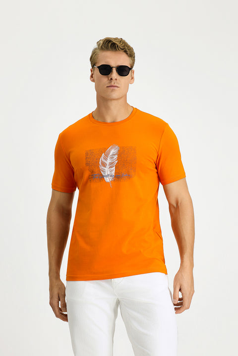 Medium Orange Crew Neck Slim Fit Printed Cotton T-Shirt