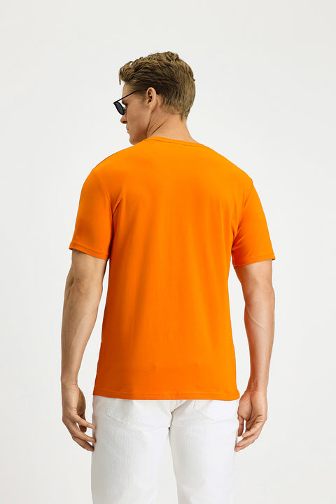 Medium Orange Crew Neck Slim Fit Printed Cotton T-Shirt