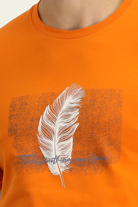 Medium Orange Crew Neck Slim Fit Printed Cotton T-Shirt