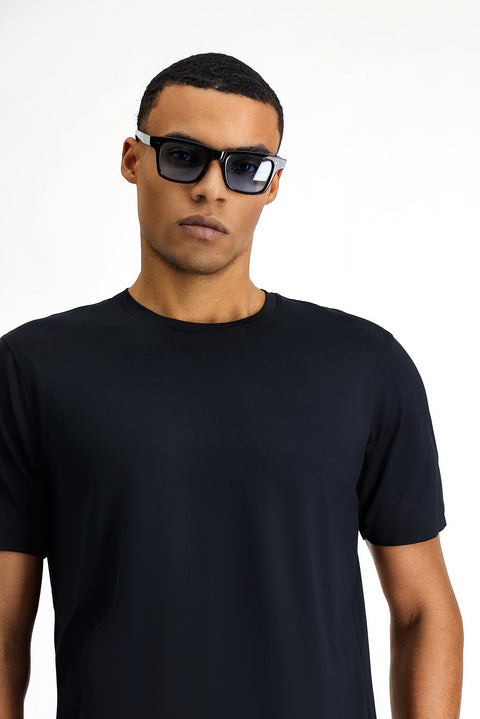 Siyah Techno-Line Bisiklet Yaka Slim Fit Dar Kesim Baskılı Likralı Süprem Tişört