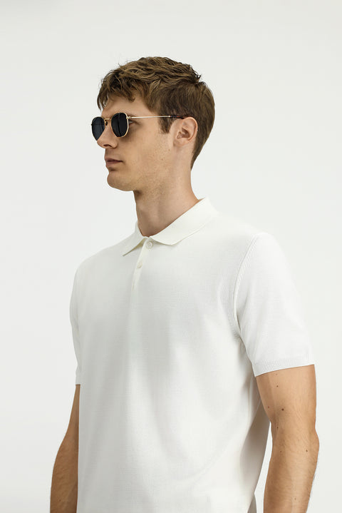 Ekru Regular Fit Polo Yaka Örme Tişört