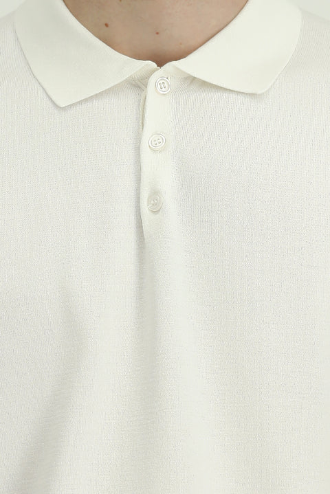 Ekru Regular Fit Polo Yaka Örme Tişört