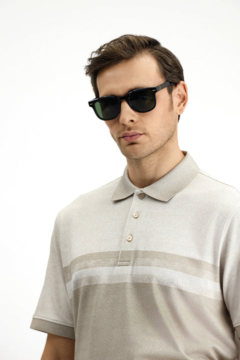 Medium Beige Regular Fit Patterned Lycra Polo Shirt