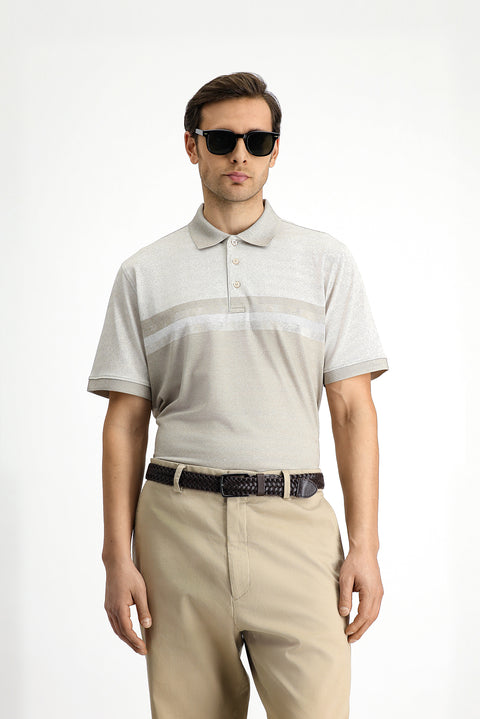 Medium Beige Regular Fit Patterned Lycra Polo Shirt