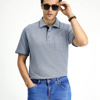 Light Navy Regular Fit Patterned Lycra Pocket Polo Shirt