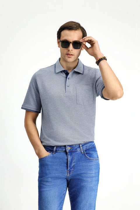 Light Navy Regular Fit Patterned Lycra Pocket Polo Shirt