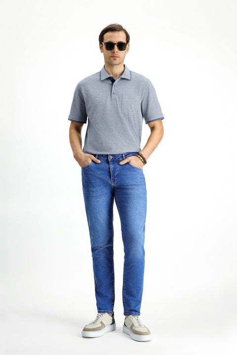 Light Navy Regular Fit Patterned Lycra Pocket Polo Shirt