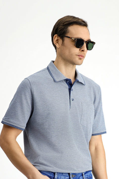 Light Navy Regular Fit Patterned Lycra Pocket Polo Shirt