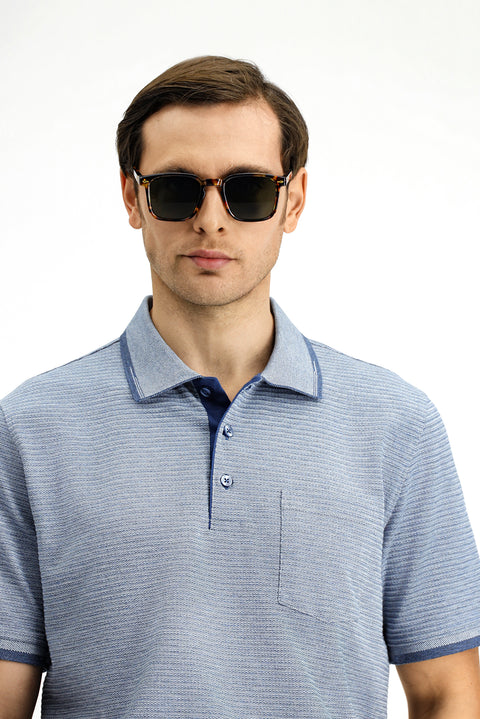 Light Navy Regular Fit Patterned Lycra Pocket Polo Shirt