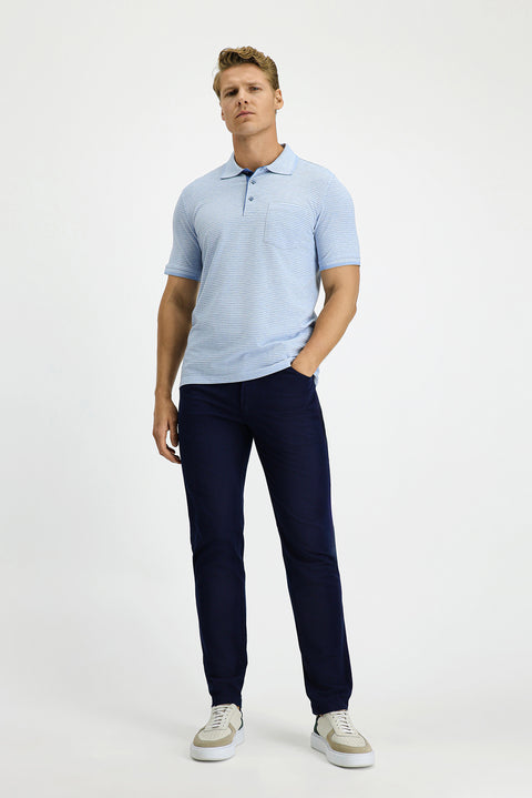 Blue Regular Fit Patterned Lycra Pocket Polo Shirt