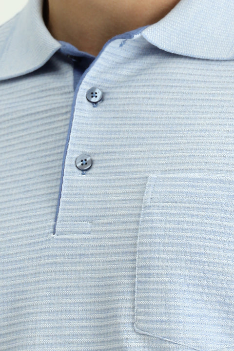 Blue Regular Fit Patterned Lycra Pocket Polo Shirt