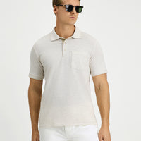 Light Beige Regular Fit Patterned Lycra Polo Shirt with Pockets