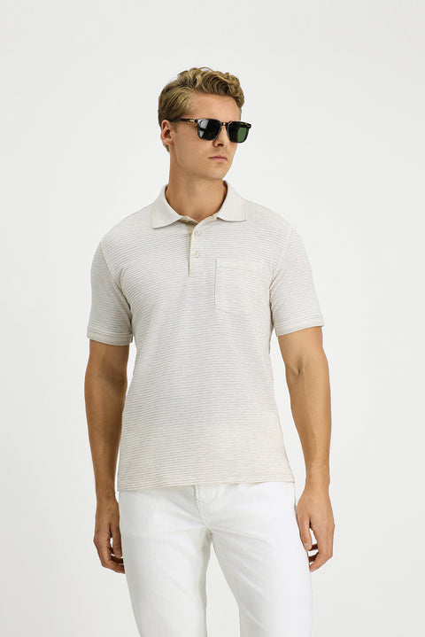 Light Beige Regular Fit Patterned Lycra Polo Shirt with Pockets