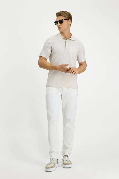 Light Beige Regular Fit Patterned Lycra Polo Shirt with Pockets