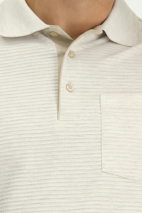 Light Beige Regular Fit Patterned Lycra Polo Shirt with Pockets