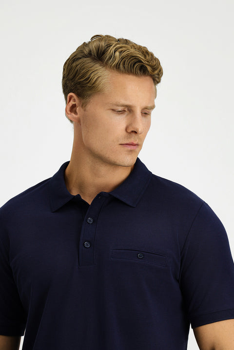 Dark Navy Regular Fit Cotton Polo Shirt with Pockets