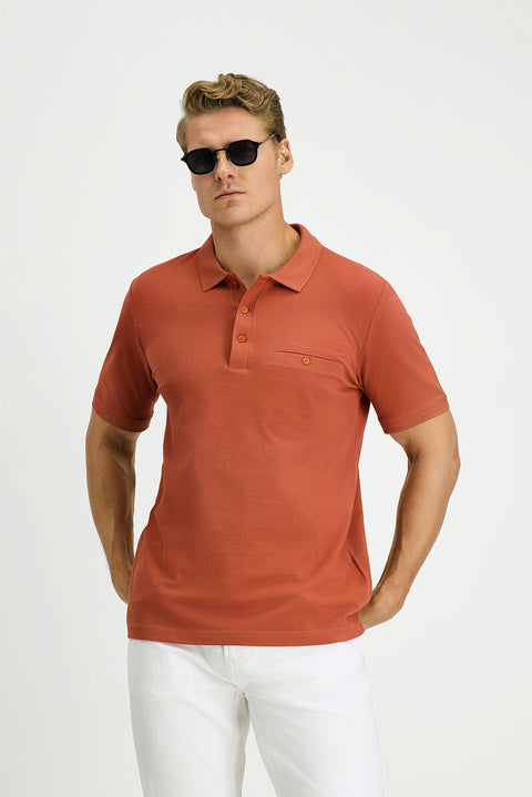 Tile-colored Regular Fit Cotton Pocket Polo Shirt