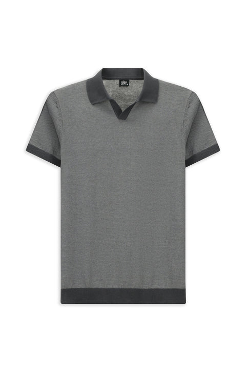 Medium Gray Regular Fit Striped Cotton Knit Polo T-Shirt
