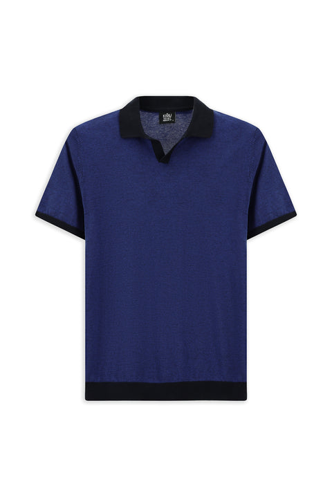Saks Blue Regular Fit Striped Cotton Knit Polo T-Shirt