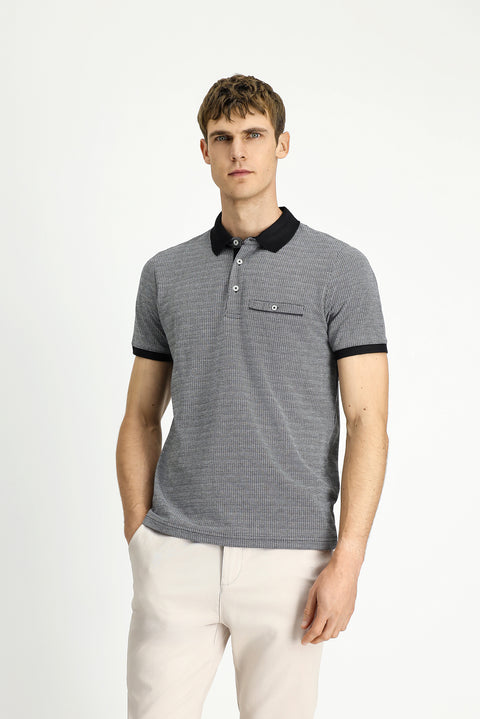 Black Regular Fit Patterned Cotton Polo Shirt with Pockets