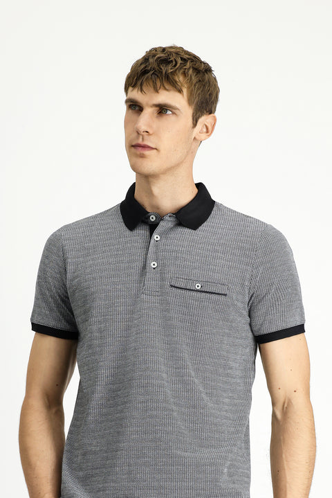 Black Regular Fit Patterned Cotton Polo Shirt with Pockets
