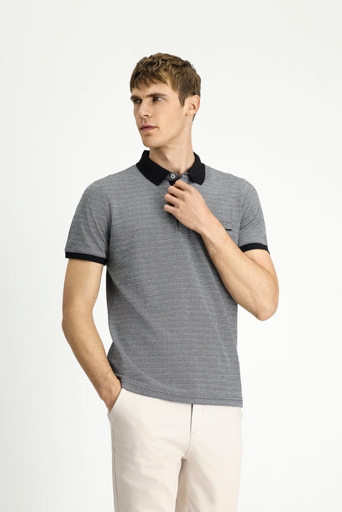 Black Regular Fit Patterned Cotton Polo Shirt with Pockets