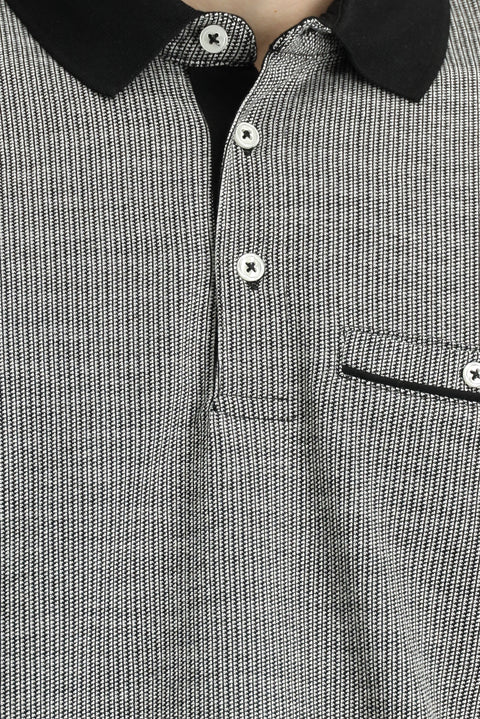 Black Regular Fit Patterned Cotton Polo Shirt with Pockets