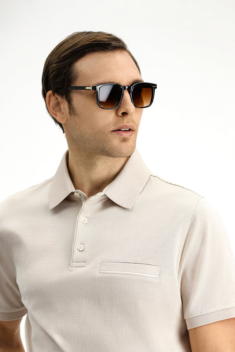 Light Beige Regular Fit Patterned Cotton Polo Shirt with Pockets