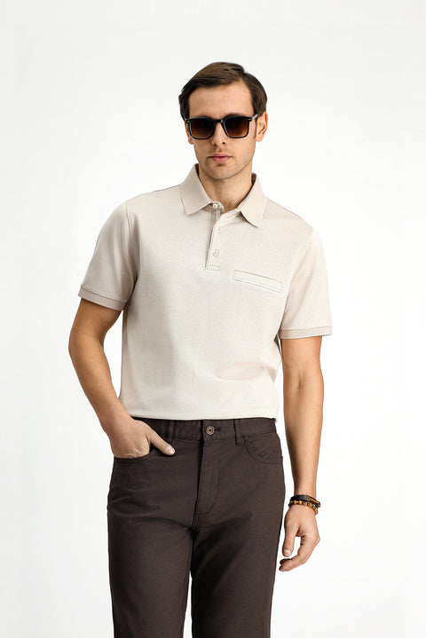 Light Beige Regular Fit Patterned Cotton Polo Shirt with Pockets