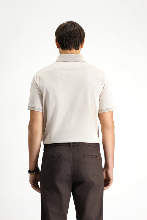 Light Beige Regular Fit Patterned Cotton Polo Shirt with Pockets