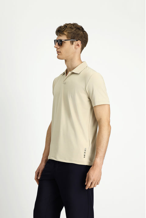 Açık Bej Techno-Line Regular Fit Likralı Baskılı Polo Yaka Tişört