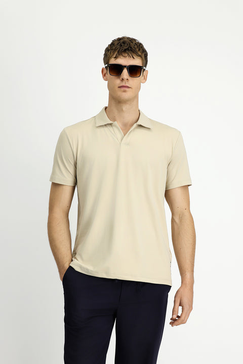 Açık Bej Techno-Line Regular Fit Likralı Baskılı Polo Yaka Tişört