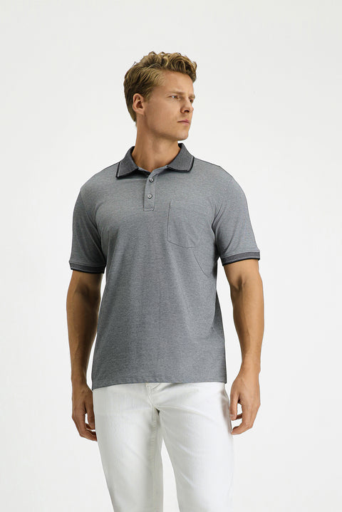 Black Regular Fit Cotton Patterned Polo Shirt with Pockets