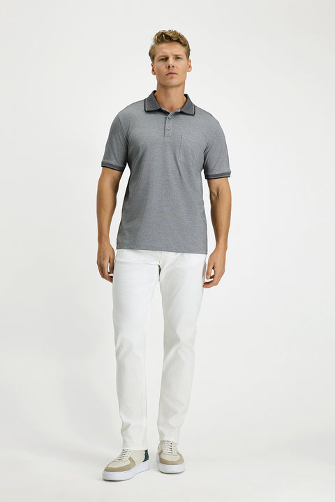 Black Regular Fit Cotton Patterned Polo Shirt with Pockets