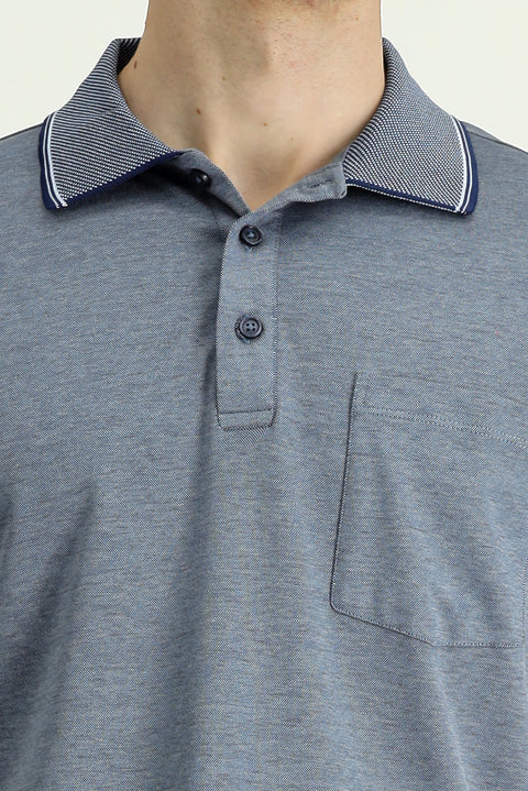 Dark Navy Regular Fit Cotton Patterned Pocket Polo Shirt