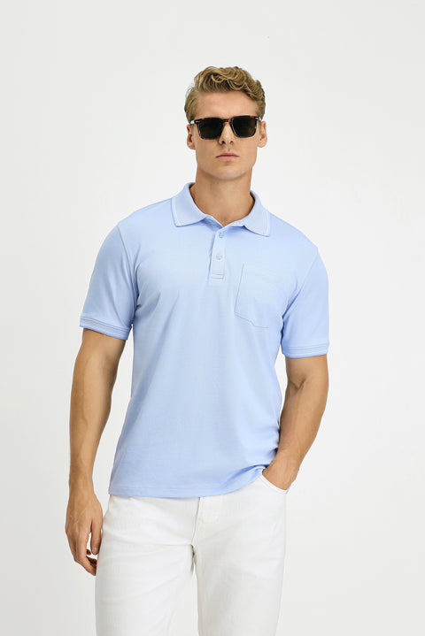 Light Blue Regular Fit Cotton Patterned Pocket Polo Shirt