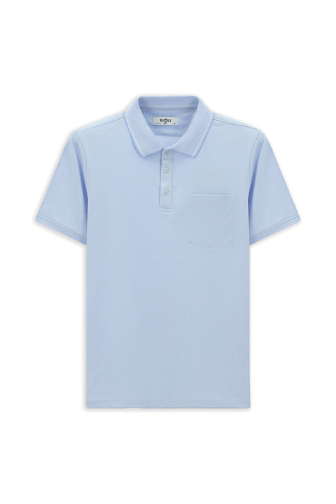 Light Blue Regular Fit Cotton Patterned Pocket Polo Shirt
