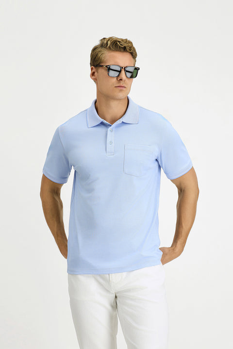 Light Blue Regular Fit Cotton Patterned Pocket Polo Shirt