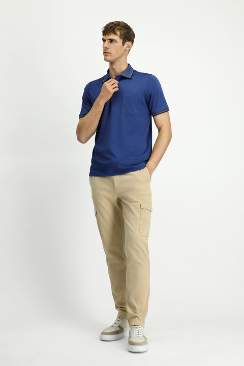 Indigo Regular Fit Cotton Patterned Pocket Polo Shirt