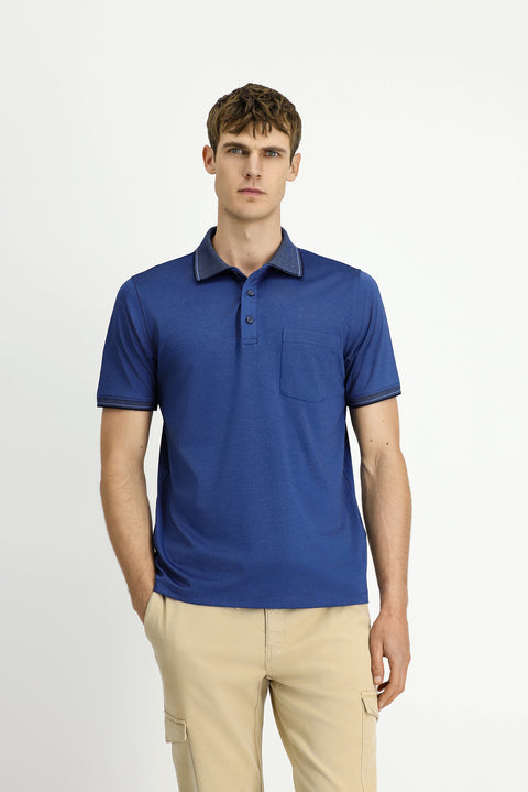 Indigo Regular Fit Cotton Patterned Pocket Polo Shirt