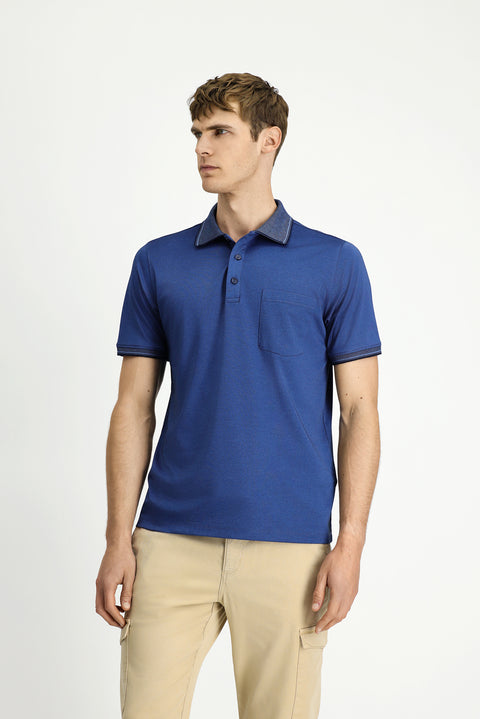Indigo Regular Fit Cotton Patterned Pocket Polo Shirt