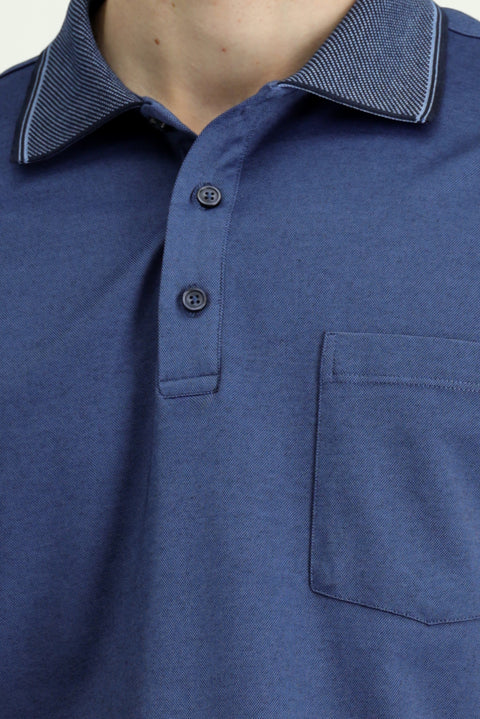 Indigo Regular Fit Cotton Patterned Pocket Polo Shirt