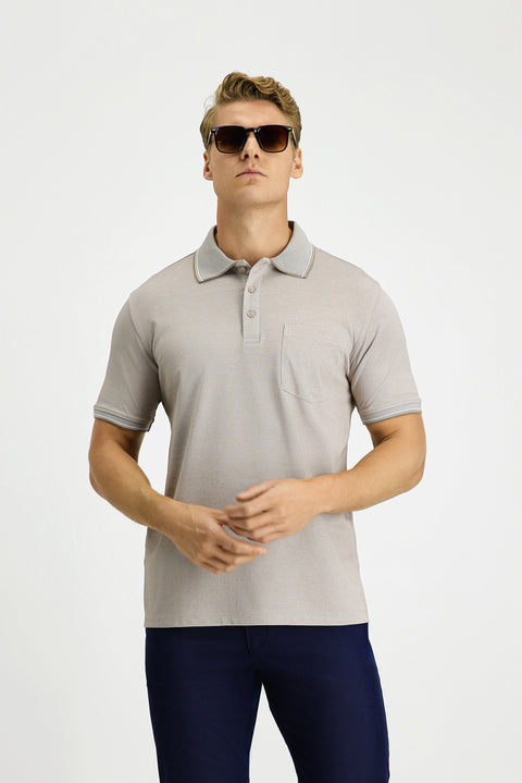 Medium Brown Regular Fit Cotton Patterned Pocket Polo Shirt