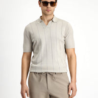 Mid Beige Regular Fit Cotton Patterned Polo Neck Knitted T-Shirt