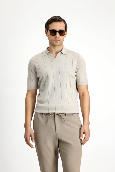 Mid Beige Regular Fit Cotton Patterned Polo Neck Knitted T-Shirt