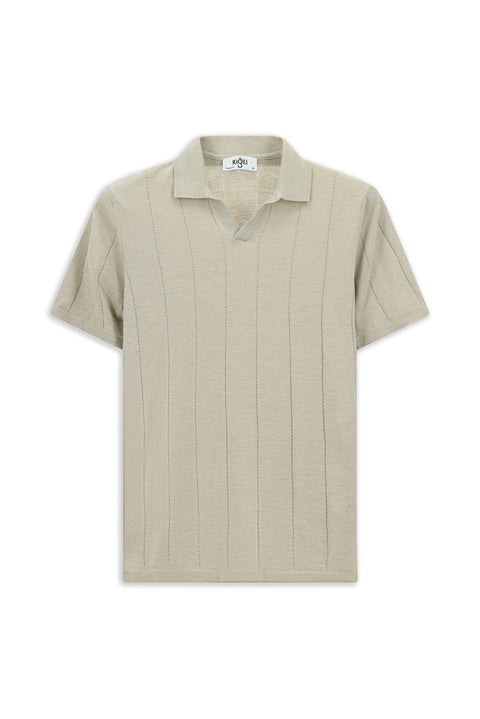 Mid Beige Regular Fit Cotton Patterned Polo Neck Knitted T-Shirt