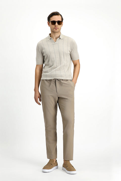 Mid Beige Regular Fit Cotton Patterned Polo Neck Knitted T-Shirt